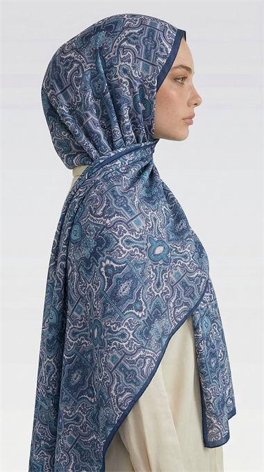 LARA MOTİF DESENLİ COTTON ŞAL - LACİVERT / BEYAZ