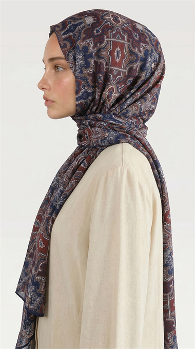LARA MOTİF DESENLİ COTTON ŞAL - LACİVERT /KIRMIZI
