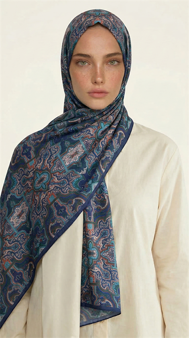 LARA MOTİF DESENLİ COTTON ŞAL - LACİVERT / KİREMİT