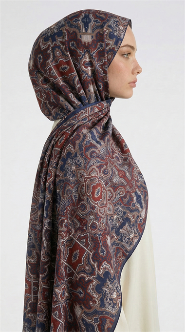 LARA MOTİF DESENLİ COTTON ŞAL - LACİVERT /KIRMIZI