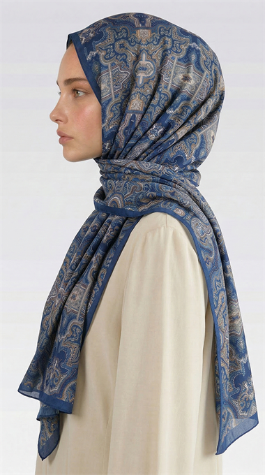 LARA MOTİF DESENLİ COTTON ŞAL - LACİVERT / VİZON