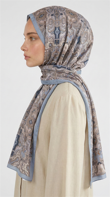 LARA MOTİF DESENLİ COTTON ŞAL -  MAVİ / EKRU