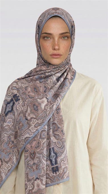 LARA MOTİF DESENLİ COTTON ŞAL -  MAVİ / EKRU