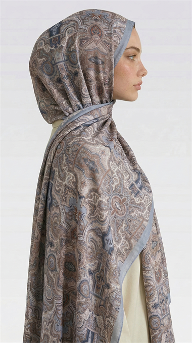LARA MOTİF DESENLİ COTTON ŞAL -  MAVİ / EKRU
