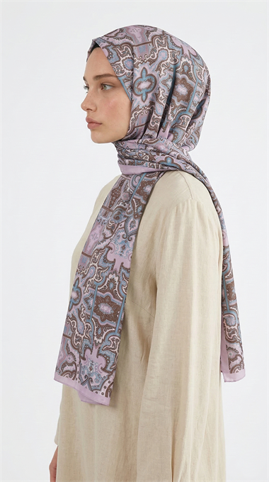 LARA MOTİF DESENLİ COTTON ŞAL - MAVİ / PUDRA