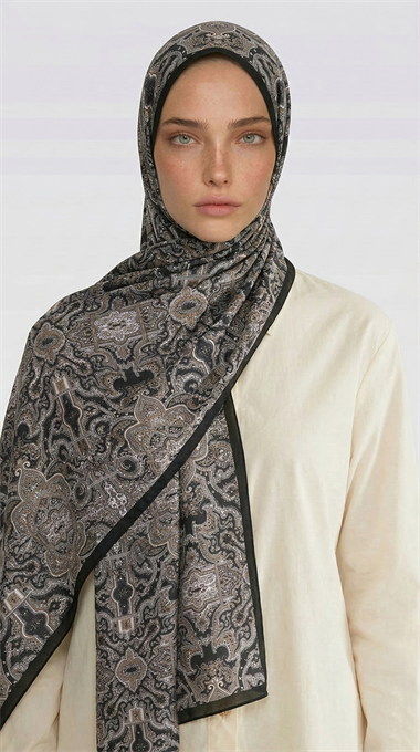 LARA MOTİF DESENLİ COTTON ŞAL - SİYAH / ANTRASİT GRİ