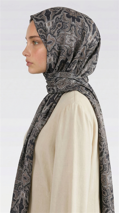 LARA MOTİF DESENLİ COTTON ŞAL - SİYAH / ANTRASİT GRİ
