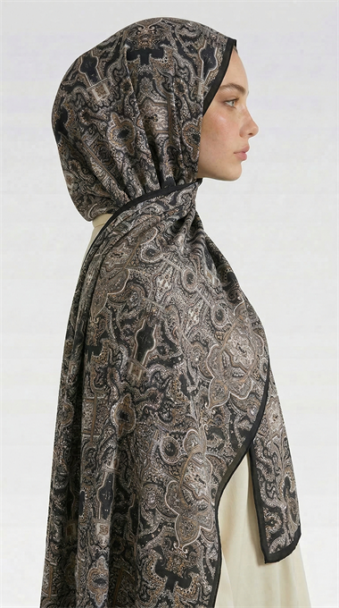 LARA MOTİF DESENLİ COTTON ŞAL - SİYAH / ANTRASİT GRİ