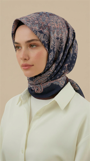 LAVİNİA DESENLİ 120*120 CM COTTON EŞARP   - LACİVERT / BORDO