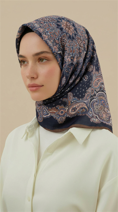 LAVİNİA DESENLİ 120*120 CM COTTON EŞARP   - LACİVERT / KAHVERENGİ