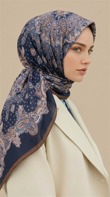 LAVİNİA DESENLİ 120*120 CM COTTON EŞARP   - LACİVERT / KAHVERENGİ
