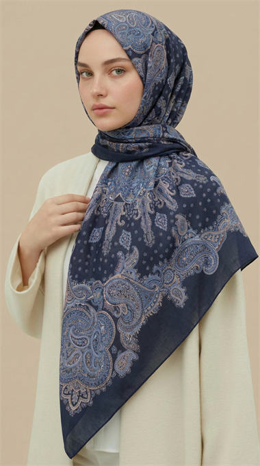 LAVİNİA DESENLİ 120*120 CM COTTON EŞARP   - LACİVERT