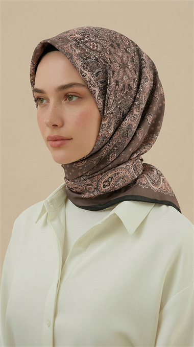 LAVİNİA DESENLİ 120*120 CM COTTON EŞARP   -KAHVERENGİ / VİZON