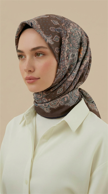 LAVİNİA DESENLİ 120*120 CM COTTON EŞARP   - KAHVERENGİ