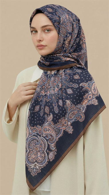 LAVİNİA DESENLİ 120*120 CM COTTON EŞARP   - LACİVERT / KAHVERENGİ