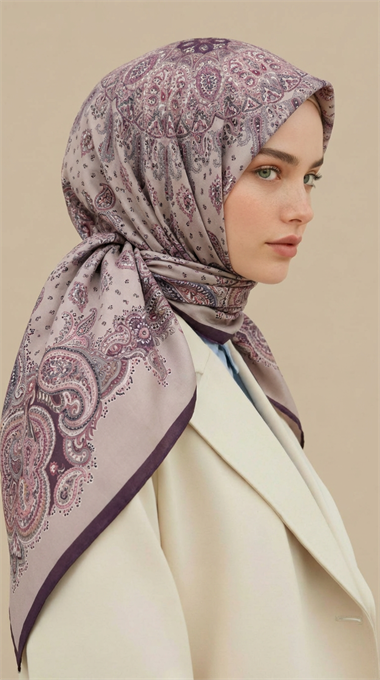 LAVİNİA DESENLİ 120*120 CM COTTON EŞARP   -  LİLA / MOR