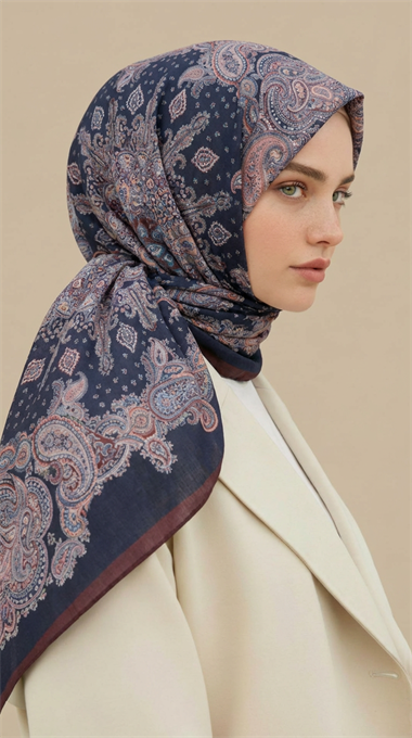 LAVİNİA DESENLİ 120*120 CM COTTON EŞARP   - LACİVERT / BORDO