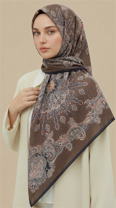 LAVİNİA DESENLİ 120*120 CM COTTON EŞARP   - KAHVERENGİ