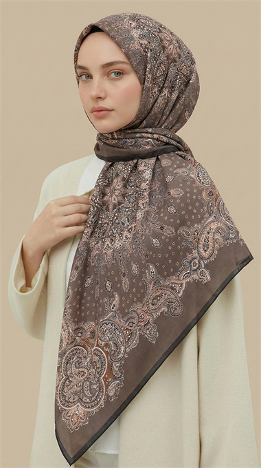 LAVİNİA DESENLİ 120*120 CM COTTON EŞARP   -KAHVERENGİ / VİZON