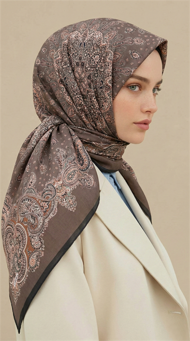 LAVİNİA DESENLİ 120*120 CM COTTON EŞARP   -KAHVERENGİ / VİZON