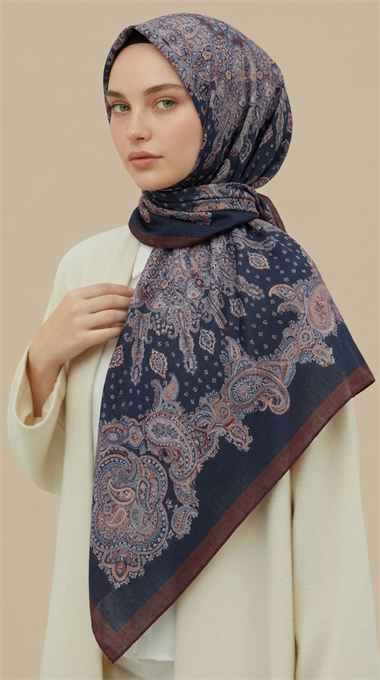 LAVİNİA DESENLİ 120*120 CM COTTON EŞARP   - LACİVERT / BORDO