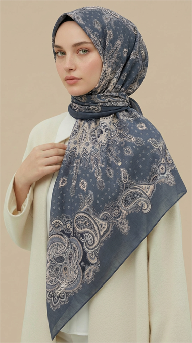 LAVİNİA DESENLİ 120*120 CM COTTON EŞARP   - ANTRASİT GRİ / GRİ 