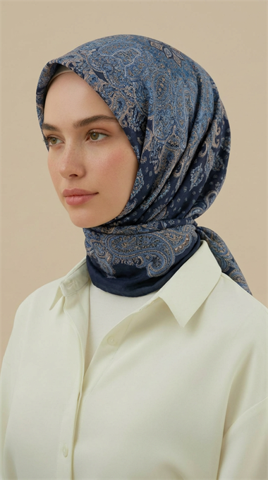 LAVİNİA DESENLİ 120*120 CM COTTON EŞARP   - LACİVERT