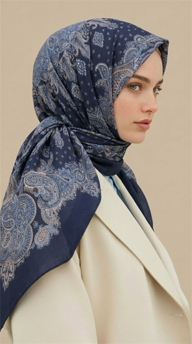 LAVİNİA DESENLİ 120*120 CM COTTON EŞARP   - LACİVERT