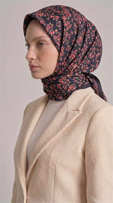 LİLYA ÇİÇEK DESENLİ İPEK ŞİFON EŞARP - SİYAH / PEMBE