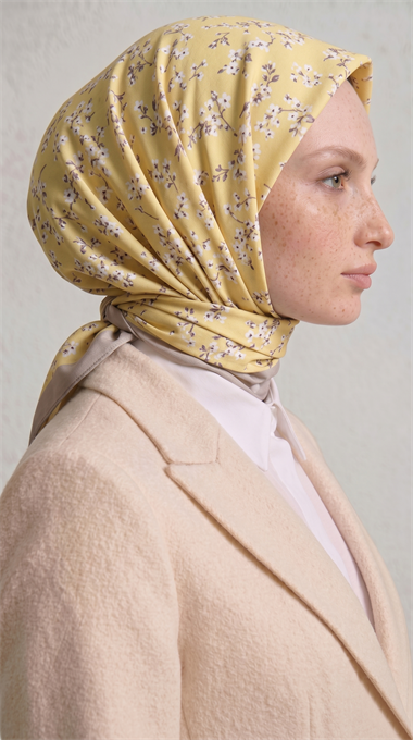 LİLYA ÇİÇEK DESENLİ İPEK ŞİFON EŞARP - SARI 