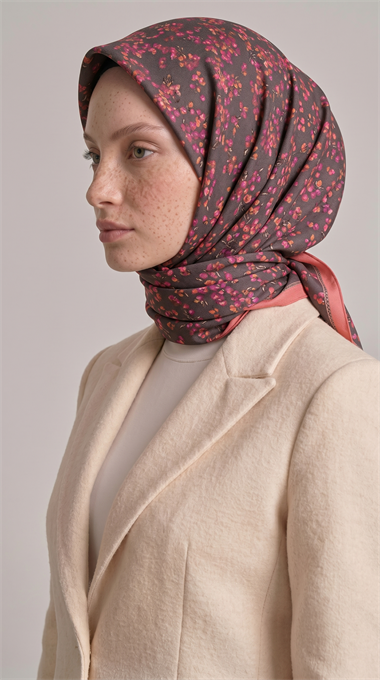 LİLYA DESENLİ ÇİÇEK DESENLİ İPEK ŞİFON EŞARP - KAHVERENGİ / FUŞYA