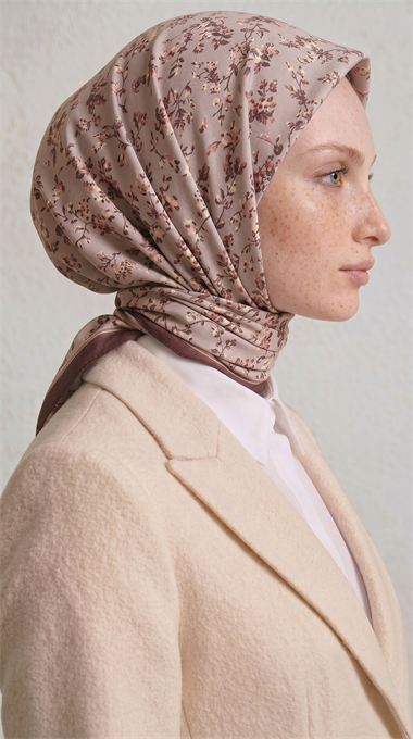 LİLYA DESENLİ ÇİÇEK DESENLİ İPEK ŞİFON EŞARP - BEJ / KREM