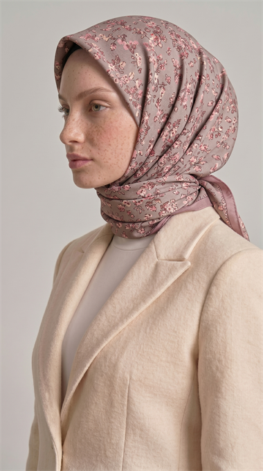 LİLYA DESENLİ ÇİÇEK DESENLİ İPEK ŞİFON EŞARP - BEJ / KREM