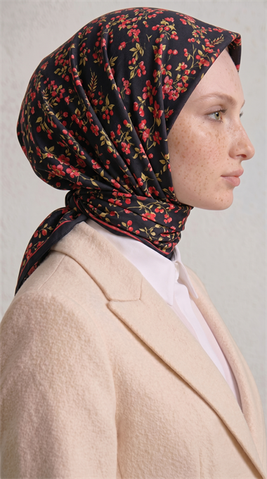 LİLYA DESENLİ ÇİÇEK DESENLİ İPEK ŞİFON EŞARP - SİYAH / PEMBE 