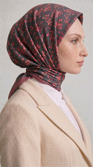 LİLYA DESENLİ ÇİÇEK DESENLİ İPEK ŞİFON EŞARP - KAHVERENGİ / FUŞYA