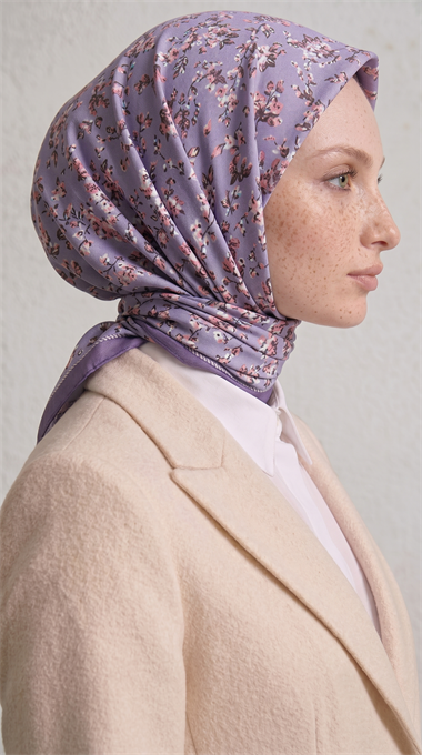 LİLYA DESENLİ ÇİÇEK DESENLİ İPEK ŞİFON EŞARP - LİLA / GÜL KURUSU