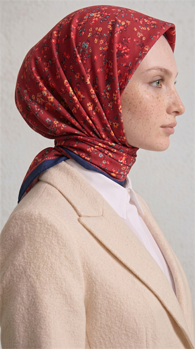 LİLYA DESENLİ ÇİÇEK DESENLİ İPEK ŞİFON EŞARP - KIRMIZI / LACİVERT 