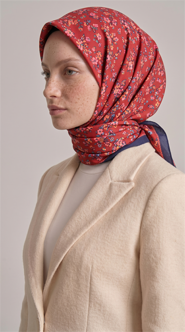 LİLYA DESENLİ ÇİÇEK DESENLİ İPEK ŞİFON EŞARP - KIRMIZI / LACİVERT 
