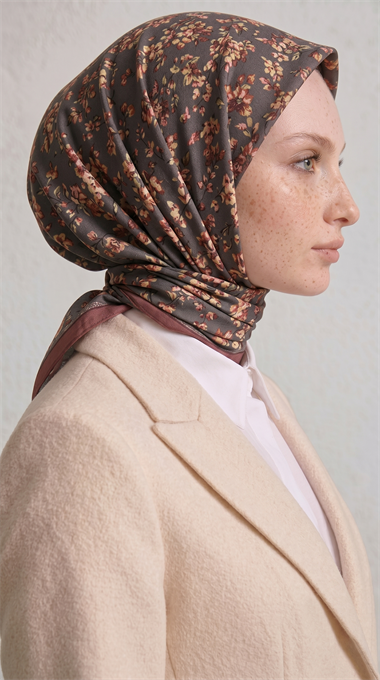 LİLYA DESENLİ ÇİÇEK DESENLİ İPEK ŞİFON EŞARP - BEJ / KAHVERENGİ 