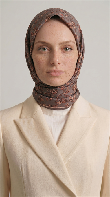 LİLYA DESENLİ ÇİÇEK DESENLİ İPEK ŞİFON EŞARP - BEJ / KREM