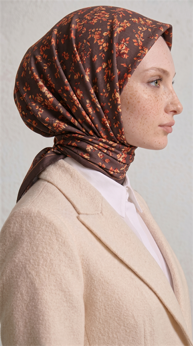LİLYA DESENLİ ÇİÇEK DESENLİ İPEK ŞİFON EŞARP - KAHVERENGİ / HARDAL 