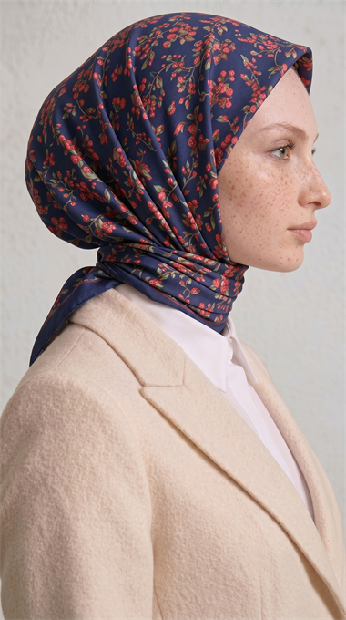LİLYA DESENLİ ÇİÇEK DESENLİ İPEK ŞİFON EŞARP - LACİVERT / FUŞYA 