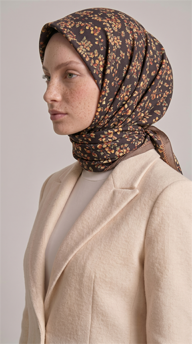 LİLYA DESENLİ ÇİÇEK DESENLİ İPEK ŞİFON EŞARP - BEJ / KAHVERENGİ 