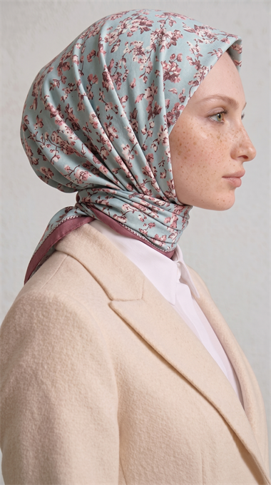 LİLYA DESENLİ ÇİÇEK DESENLİ İPEK ŞİFON EŞARP - KAHVERENGİ / TURKUAZ
