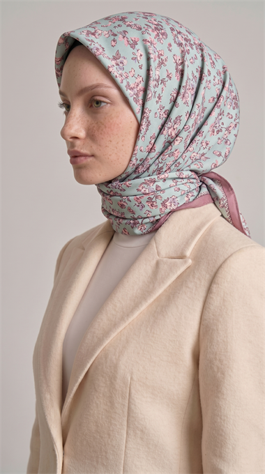 LİLYA DESENLİ ÇİÇEK DESENLİ İPEK ŞİFON EŞARP - KAHVERENGİ / TURKUAZ