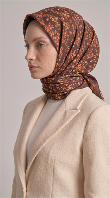 LİLYA DESENLİ ÇİÇEK DESENLİ İPEK ŞİFON EŞARP - KAHVERENGİ / HARDAL 