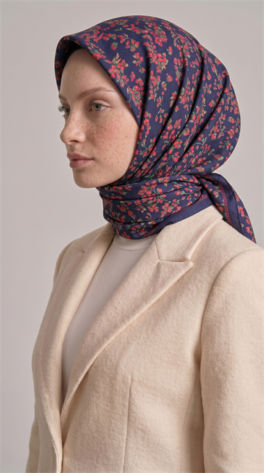 LİLYA DESENLİ ÇİÇEK DESENLİ İPEK ŞİFON EŞARP - LACİVERT / FUŞYA 