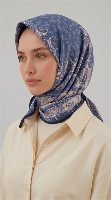 MİHRA 120*120 CM İPEK ŞİFON EŞARP - LACİVERT