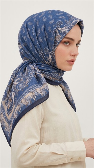 MİHRA 120*120 CM İPEK ŞİFON EŞARP - LACİVERT