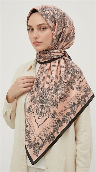 MİHRA 120*120 CM İPEK ŞİFON EŞARP - SİYAH / PUDRA  